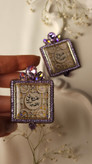 گوشواره جواهردوزی دستساز با پلاک رزین،سنگ اشک و مارکیز یاسی هفت رنگ،سرمه طلایی و نگین متری یاسی